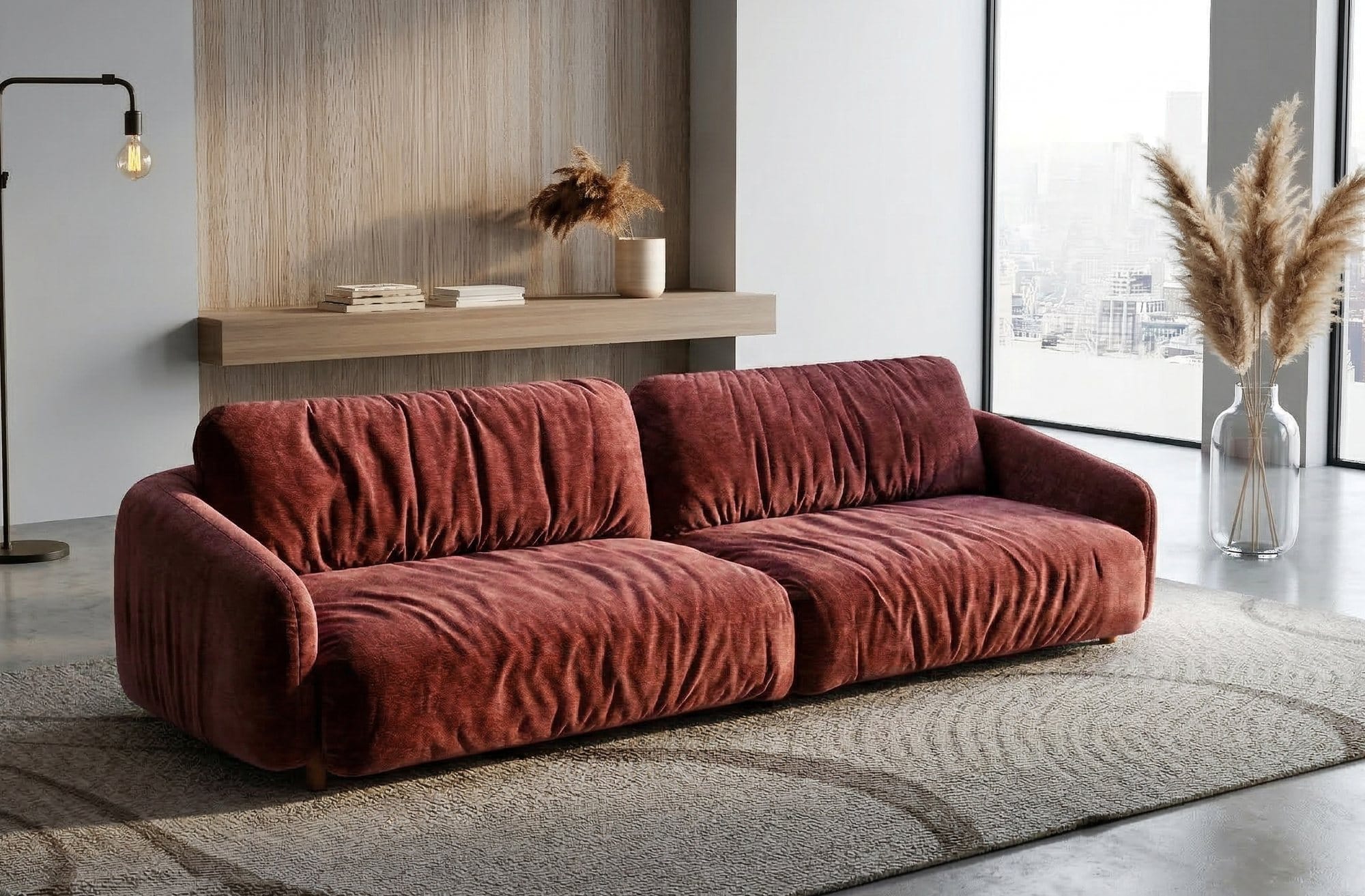 Sofá Grinza terracota da linha Ferrari Passion em living contemporâneo